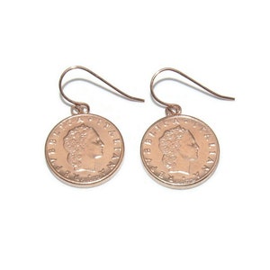 1995 Vintage Milor 14K Gold Plated L.50 Italian Coin Dangle Earrings with Hook Backs for Pierced Ears. 14KT Milor Italy Hallmark.