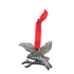 Gloria Duchin American Eagle Ornament, Vintage 2002 Pewter Soaring Bald Eagle with Red, Blue & Silver Glitter Enamel. Gloria Duchin Hallmark