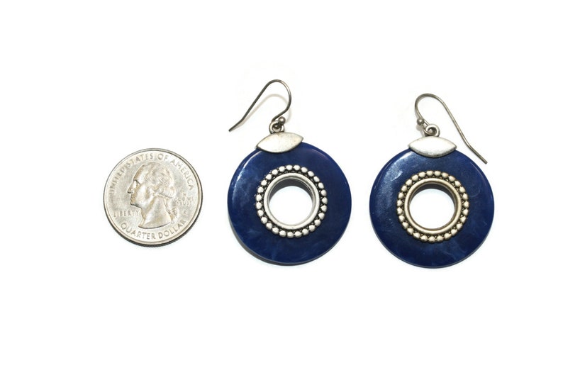 Vintage Silver Tone and Marbled Blue Plastic Circle Earrings with French Ear Wire Backs for Pierced Ears.