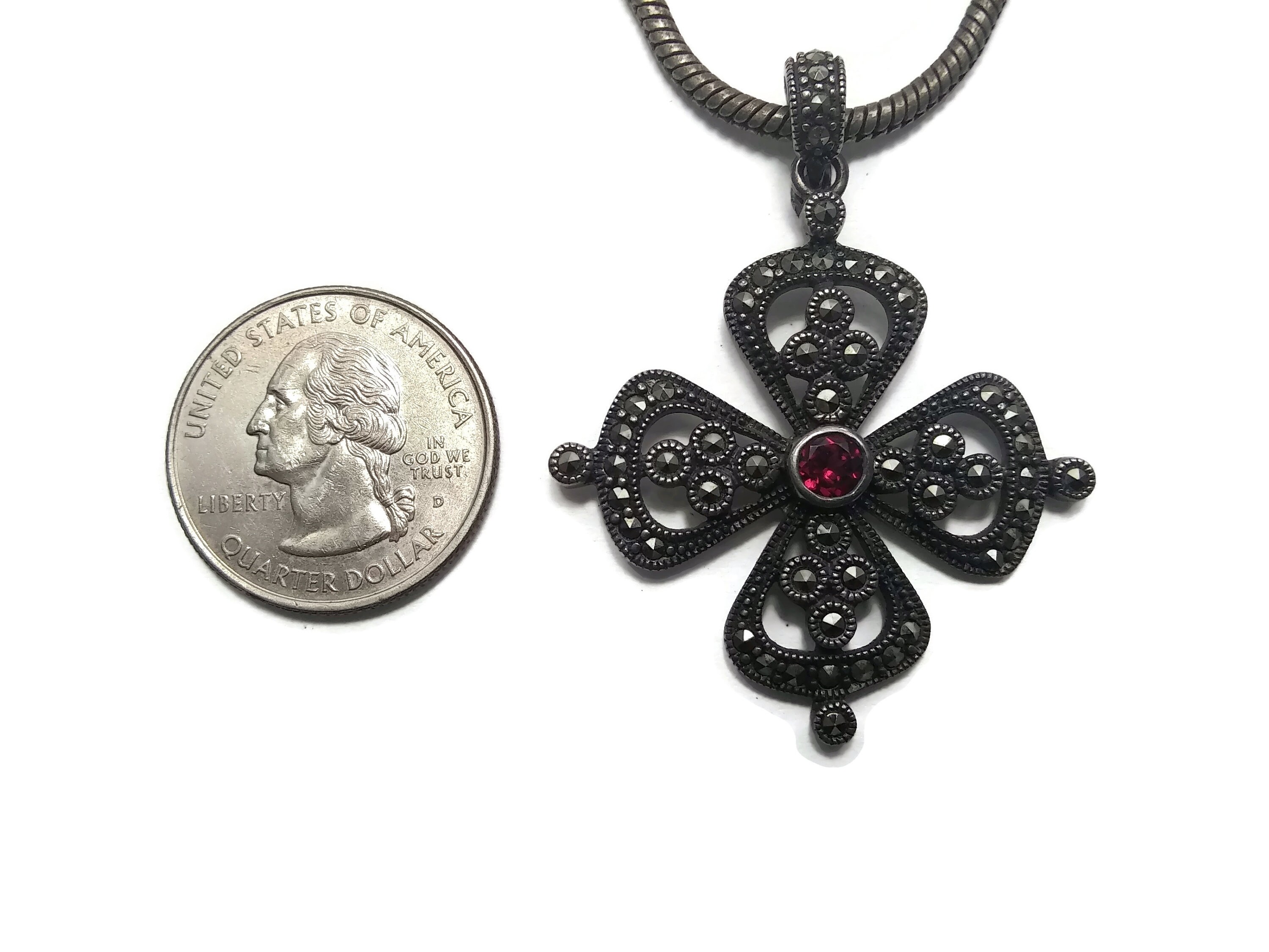 Vintage Sterling Silver Garnet and Marcasite Maltese Cross Pendant on ...