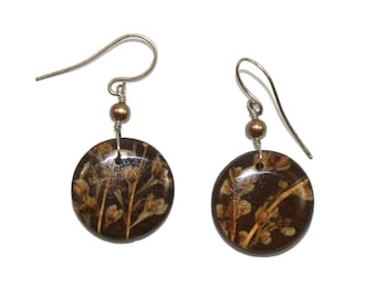 Handmade Vintage Wooden Disc Lacquered Earrings with Floral Design and Hook Backs for Pierced Ears.