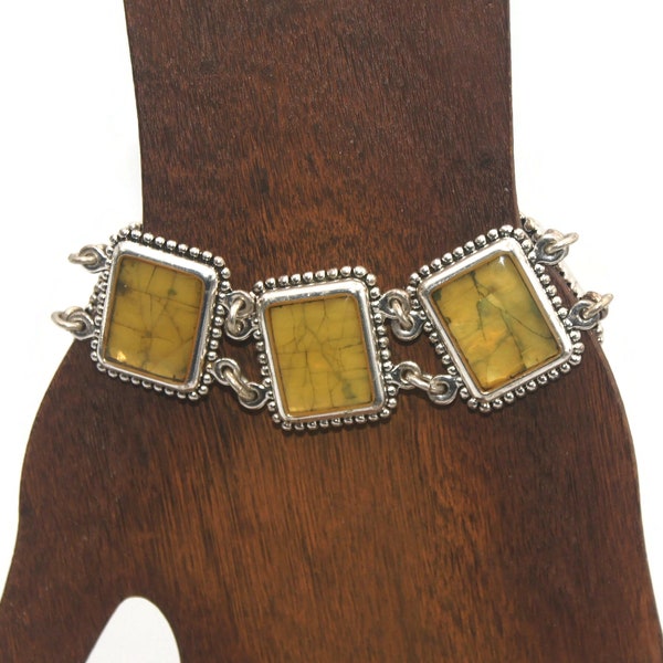 Vintage Premier Designs Silver Tone and Yellow Resin 8 Inch Reversible Bracelet with Toggle Clasp. Crown and PD Hallmark Tag.