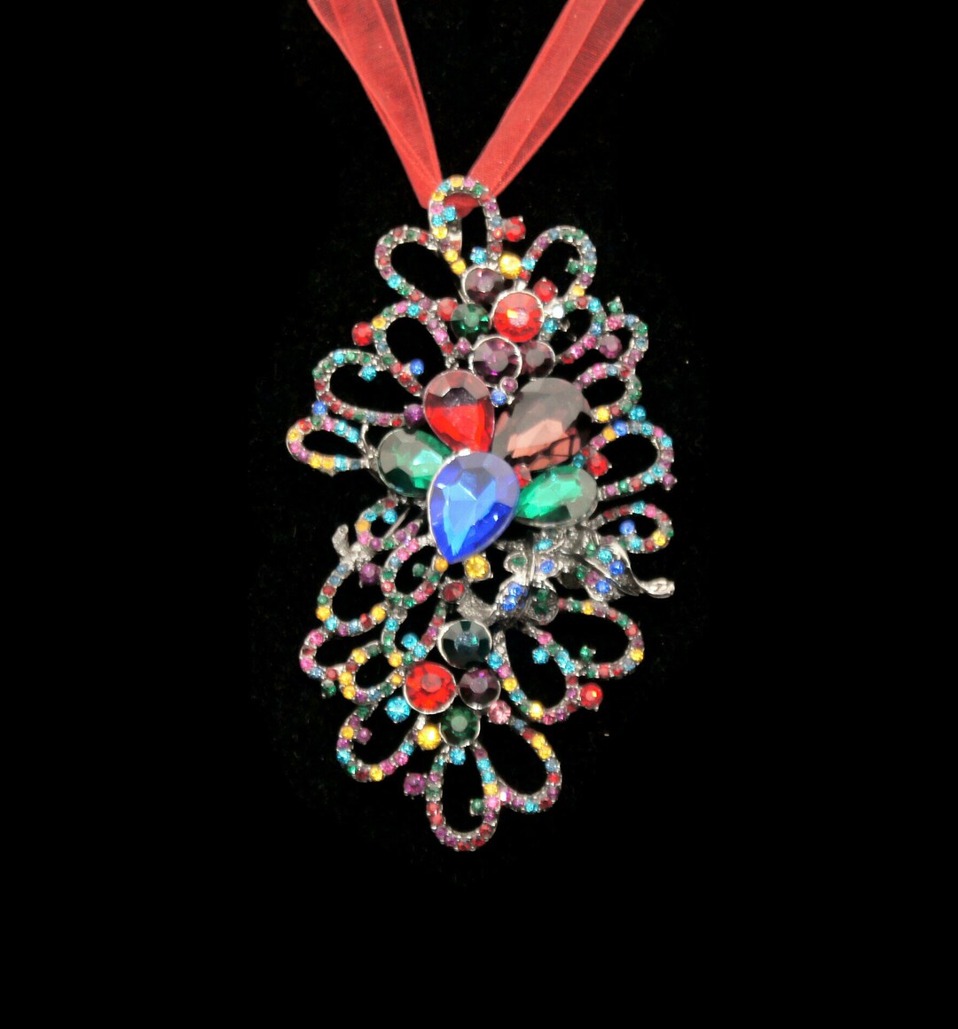Large Vintage Gunmetal and Multi Color Rhinestones Brooch / Pendant on ...