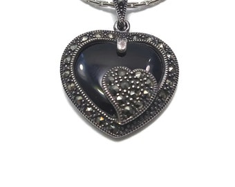 Breathtaking Vintage Sterling Silver Onyx and Marcasite Heart on Heart Pendant. Marked 925.