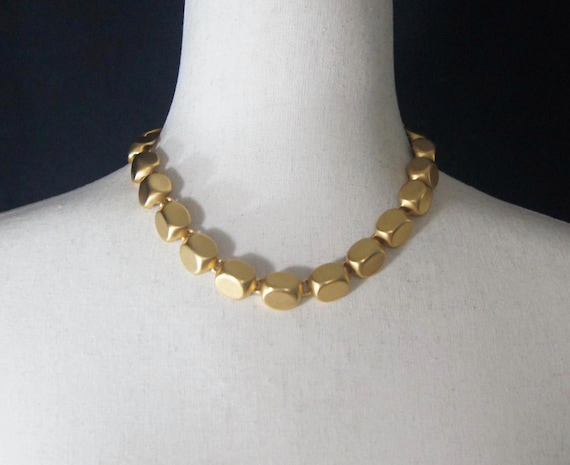 Vintage Anne Klein Brushed Gold Tone Link Choker Necklace, 17" Necklace with Toggle Clasp. Anne Klein Hallmark Tag. Heavy 1990s Necklace.