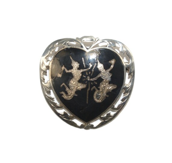 Vintage Siam Silver Nielloware Heart Brooch Depic… - image 5