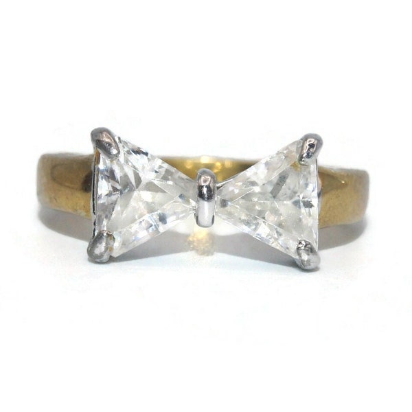 Vintage 18K Gold Plated and Clear Rhinestones Size 7 1/2 Bowtie Statement Ring. Marked 18K HGE.
