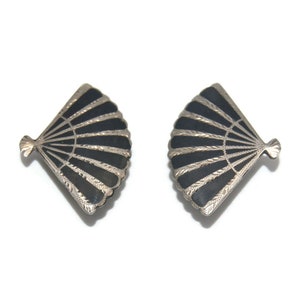 Vintage Siam Sterling Silver and Black Enamel Neilloware Clip on Fan Earrings. Marked Sterling Made in Siam.