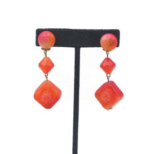 Orange Dangle Earrings, Vintage Gold Tone and Orange Acrylic Clip on Dangle Earrings Marked Hong Kong, Lightweight Earrings, Daily Wear.