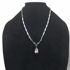 Hematite Pendant Necklace, Vintage Teardrop Hematite Pendant on 22 Inch Hematite and Silver Tone Beaded Chain with Screw Clasp, Daily Wear.
