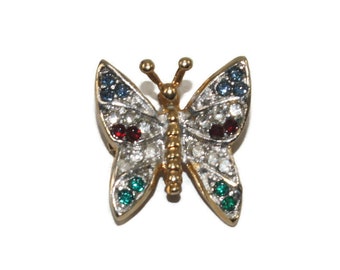 Pequeño tono de oro vintage con broche de mariposa azul, rojo, verde y claro de los rhinestones.