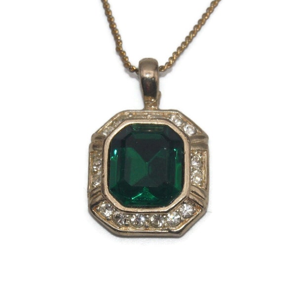 Vintage Gold Tone, Green Resin and Clear Rhinestones Octagonal Pendant on 18 Inch Gold Tone Chain with Spring Ring Clasp.