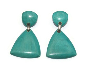 Vintage Gold Tone and Green Stained Wood Dangle Clip on Earrings.