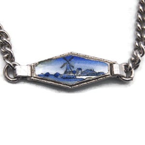 Windmill Bracelet, Vintage Delft Porcelain Blue & White Windmill Silver Tone Bracelet, 6&quot; Bracelet with Lobster Claw Clasp, Holland Bracelet