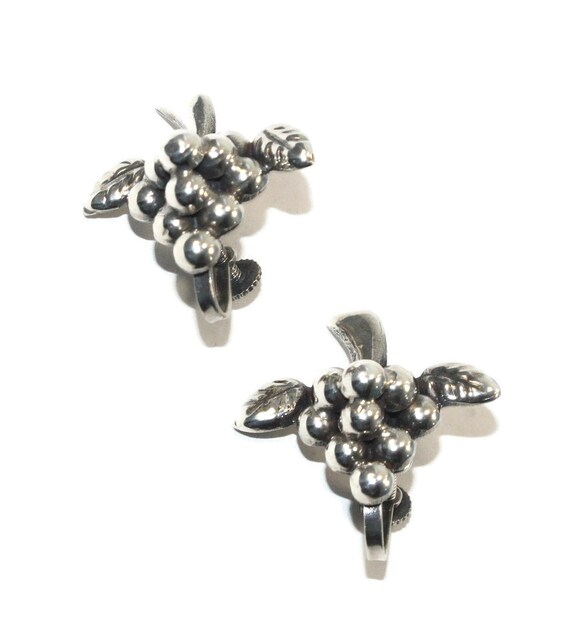 Vintage Mexico Sterling Silver Bunch of Grapes Screw Back Earrings. Marked Silver Mexico. View 3
