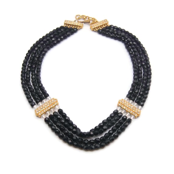 Collier Vintage Perles De Verre à Facettes - 4 Rangs - Noir - Occasion Superbe