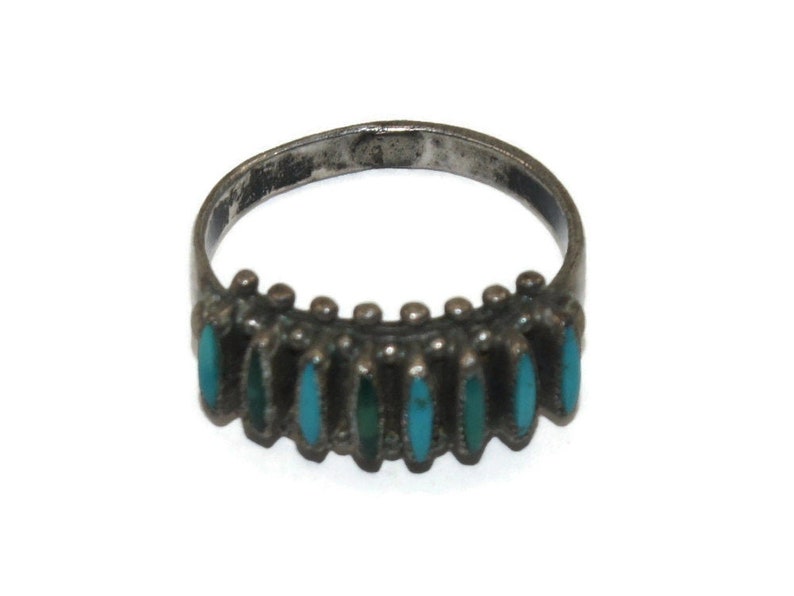 Blue and Green Turquoise Petit Point Size 7 12 Ring. Vintage Native American Sterling Silver
