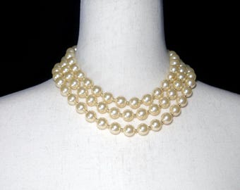 Faux Pearls & Gold Tone Beaded Necklace, Vintage 3 Strand Necklace with Fancy Hook Clasp, Daily Wear, Classic Pearl Necklace, Gift for Her.