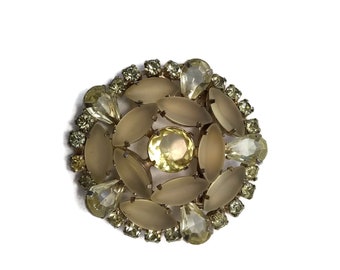 Classic Radial Floral Round Silver Tone and Glass Brooch. Frosted Glass Marquise Stones, Round Yellow Glass Center, Rhinestone Accents.