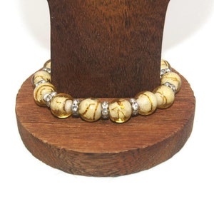 Vintage Yellow and Gold Tone Lampwork Glass Beads and Clear Rhinestones 6 1/2 Inch Elastic Bracelet.