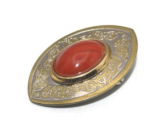 Vintage Silver and Gold Tone with Oval Red Jasper… - image 2