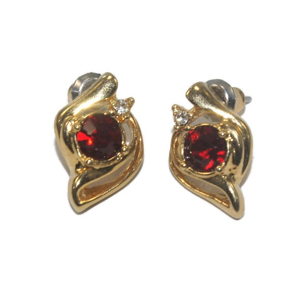 Vintage Gold Tone, Faux Ruby and Clear Rhinestone Stud Earrings with Post Backs for Pierced Ears.