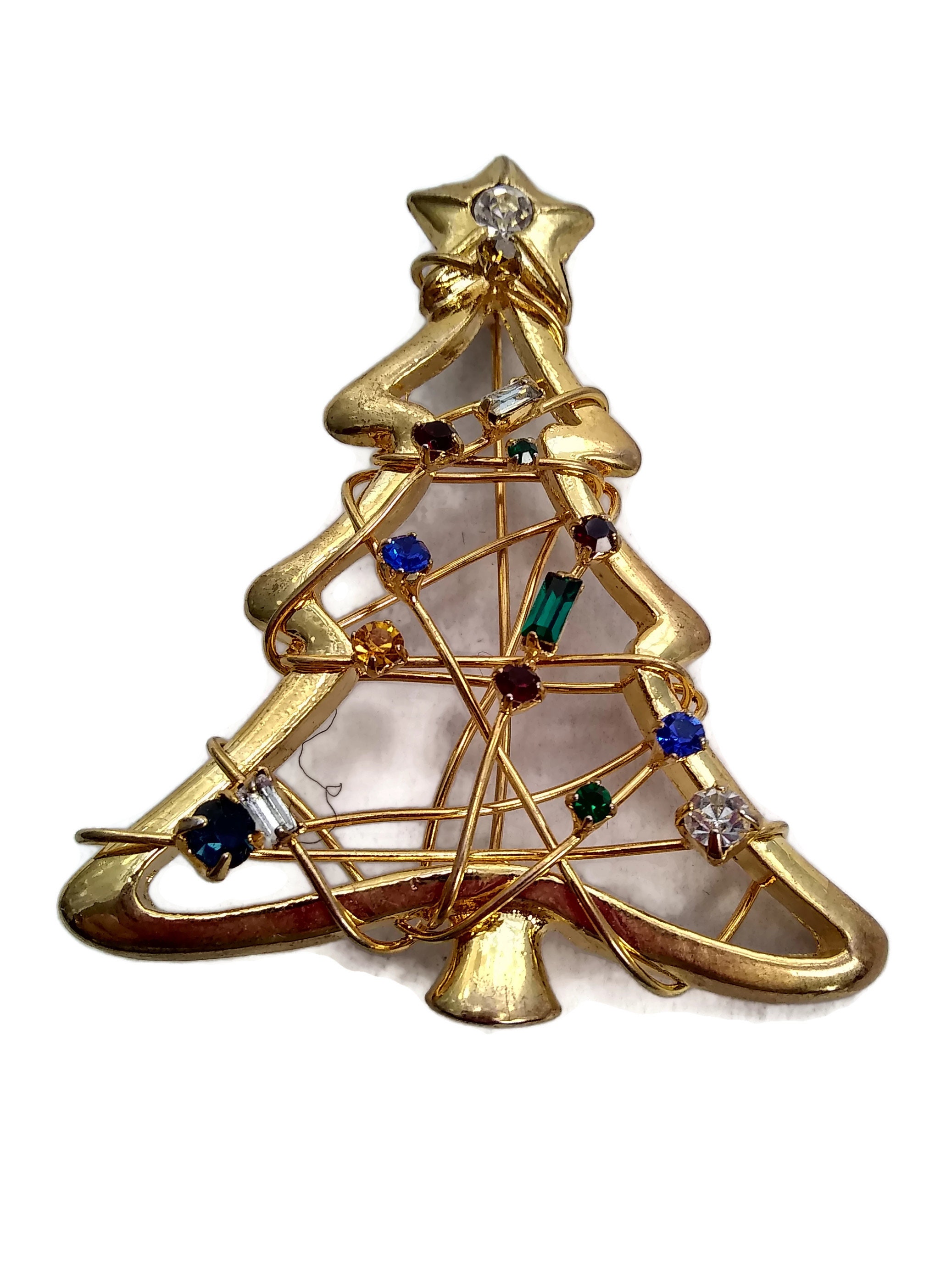 Christmas Tree Pin Vintage Holiday Brooch Gold Tone Red and Green Enamel Accents