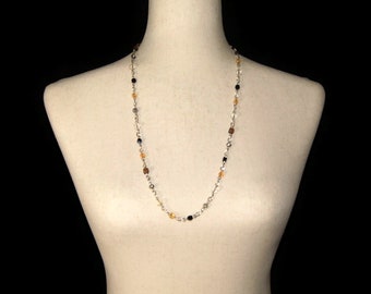 Vintage Silver Tone with Clear, Brown, Blue and Gold Tone Glass Beads 28 Inch Necklace.