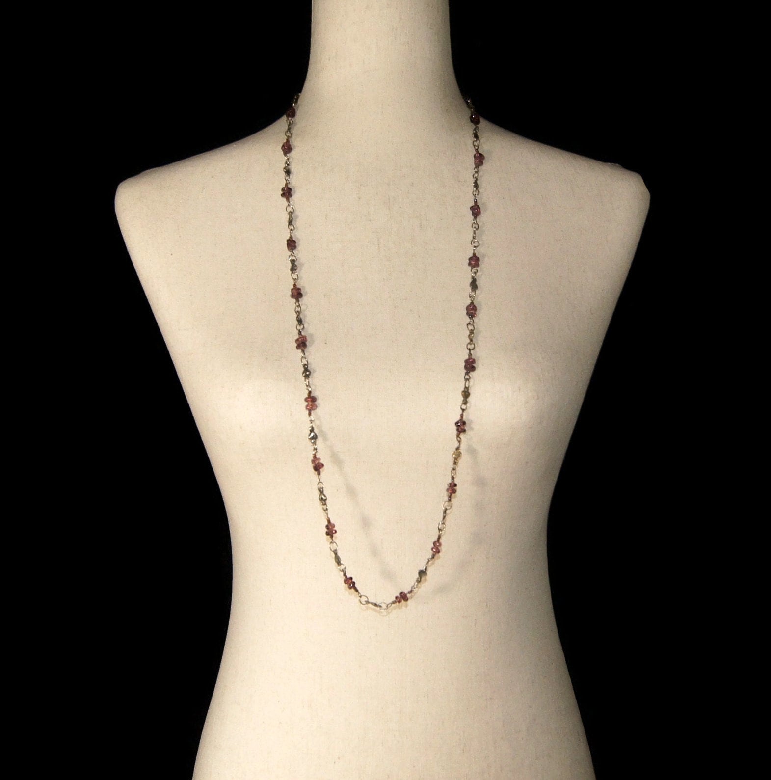 Vintage Silver Tone Heart and Purple Glass Beaded 36 Inch