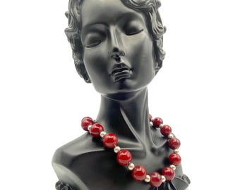 Handmade Vintage Sterling Silver and Deep Red Marbled BAKELITE Beaded 14 Inch Necklace with Lobster Claw Clasp, Choker Necklace.