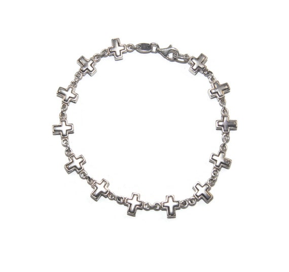 Vintage Sterling Silver 7 12 Inch 13 Cross Link Religious Bracelet with Lobster Claw Clasp Marked 925 SX.