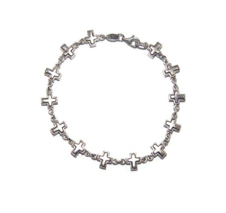 Vintage Sterling Silver 7 12 Inch 13 Cross Link Religious Bracelet with Lobster Claw Clasp Marked 925 SX.