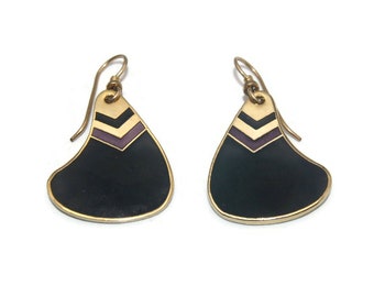 Vintage Laurel Burch Gold Tone with Black and Purple Enamel Dangle Earrings with Hook Backs for Pierced Ears. Laurel Burch Hallmark.