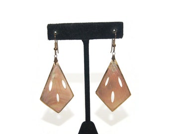 Vintage Gold Tone and Gilded Carved Mother of Pearl Fan Dangle Earrings with Hook Backs for Pierced Ears.