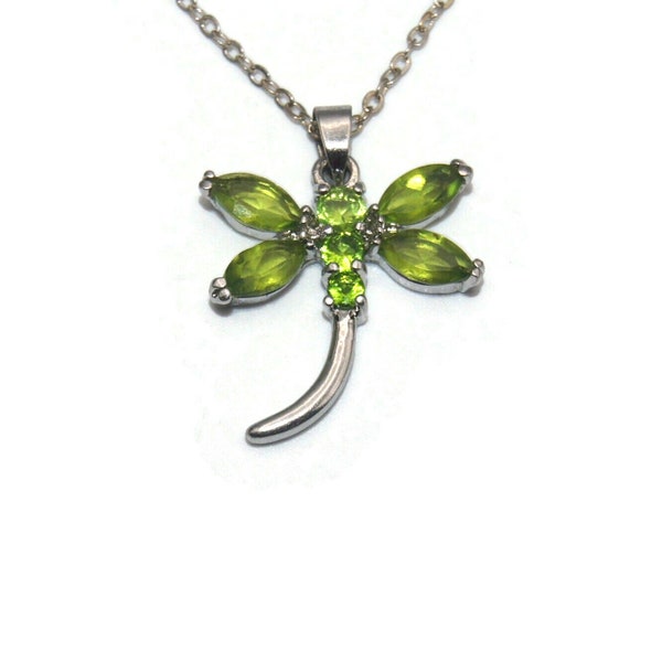 Vintage 18K White Gold Plated and Faux Peridot Dragonfly Pendant on 24 Inch Gold Plated Chain with Spring Ring Clasp. 18K GP Hallmark.