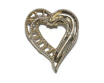 Vintage Textured and Smooth Gold Tone Heart Brooch.