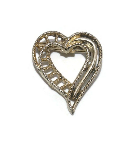 Vintage Textured and Smooth Gold Tone Heart Brooc… - image 1
