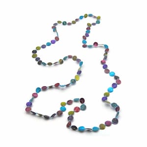 Colorful Dyed Mother of Pearl Discs Necklace, Vintage Beaded Necklace, Long Necklace, Blue Green Purple Pink MOP, Gift for Her.