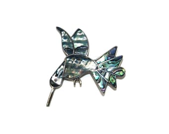 Vintage Mexico Sterling Silver and Inlaid Abalone Hummingbird Brooch. Marked 925 Mexico.