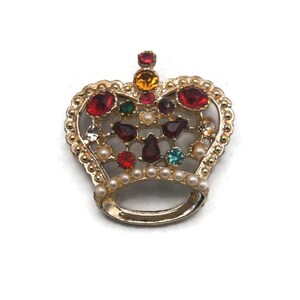 Vintage Gold Tone with Multicolored Rhinestones and Faux Pearls Jeweled Crown Brooch, Royalty Brooch, 1950s, Gift for Her.