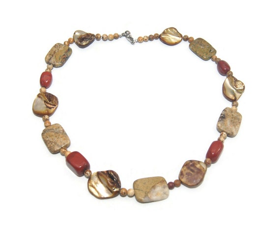 Vintage Mother of Pearl, Brown and Red Jasper Bea… - image 3