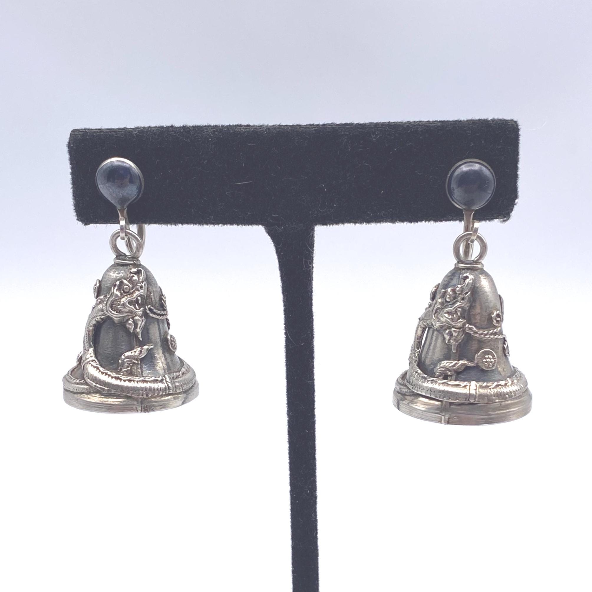 Thai-Style Garuda and Naga Dragon Vintage Sterling Silver Dangling Bells Screw Back Earrings, Bell Earrings.