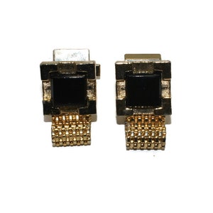 Vintage Gold Tone and Black Plastic Square Cuff Links with Chain Link Wrap.