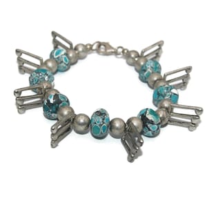 Vintage Sterling Silver and Blue Jasper 8 Inch Musical Notes Link Bracelet with Lobster Claw Clasp.