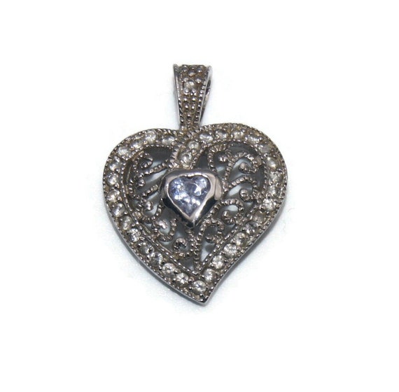 Small Vintage Sterling Silver and CZ Heart Pendan… - image 1