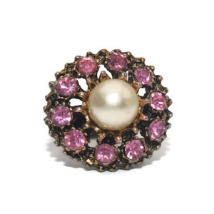 Vintage Gold Tone, Faux Pearl and Pink Rhinestones Size 7 Adjustable Ring.