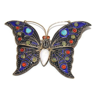 Incredible Vintage 1992 Metropolitan Museum of Art Cleo Silver Enameled with Gemstones Butterfly Brooch. C1992 MMA CLEO AG Hallmark.