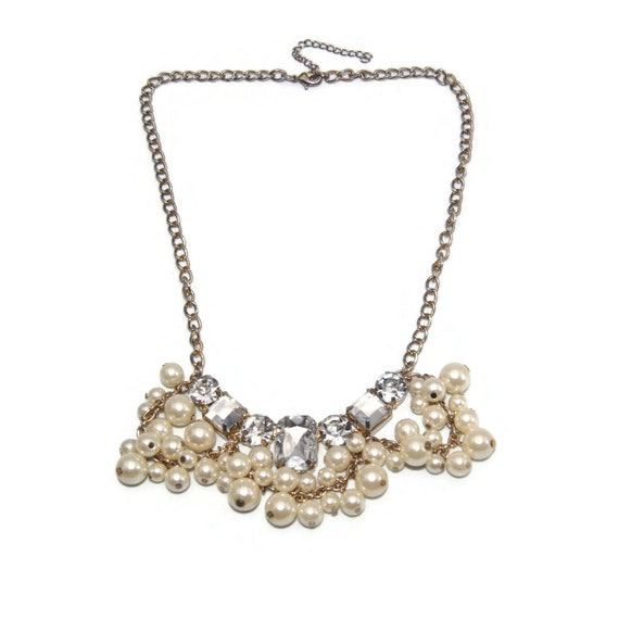 Vintage Gold Tone, Clear Rhinestones and Faux Pea… - image 2