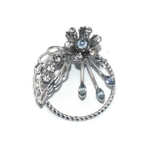 Vintage Silver Tone and Blue Rhinestones Floral Brooch.