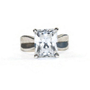 Vintage Sterling Silver and 5 Carat Emerald Cut CZ Size 5 1/2 Solitaire Engagement Ring. Marked 925 CZ.